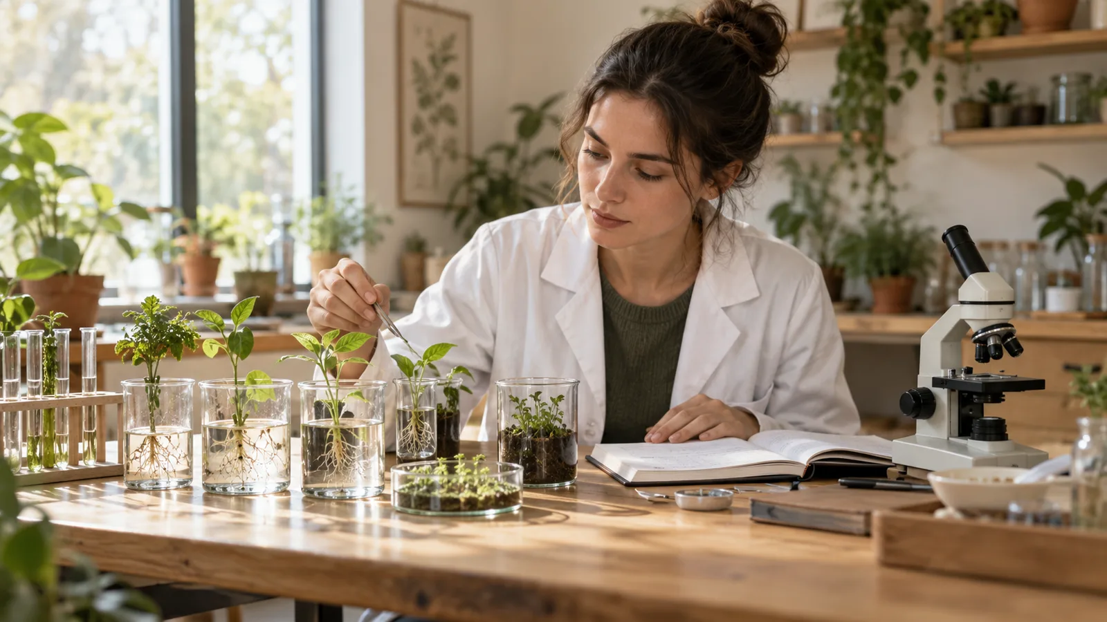 研究人員比較植物生長和觀察記錄－科學的藝術形象